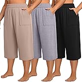 Neer 3 Pack Women Plus Size Capris Cotton Wide Leg Cropped Pants Casual Elastic Waist Loose Fit Lounge Sweatpants with Pocket