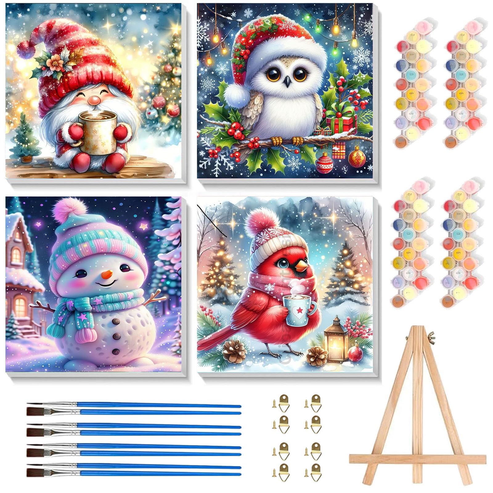 4 Pack Christmas Paint by Number for Kids with Wooden Frame, Paint by Numbers for Kids Xmas Ages 4-8-12, Easy Cardinal Gnome Snowmen Owl DIY Acrylic Oil Painting Kits for Home Wall Decor (8X8 inch)