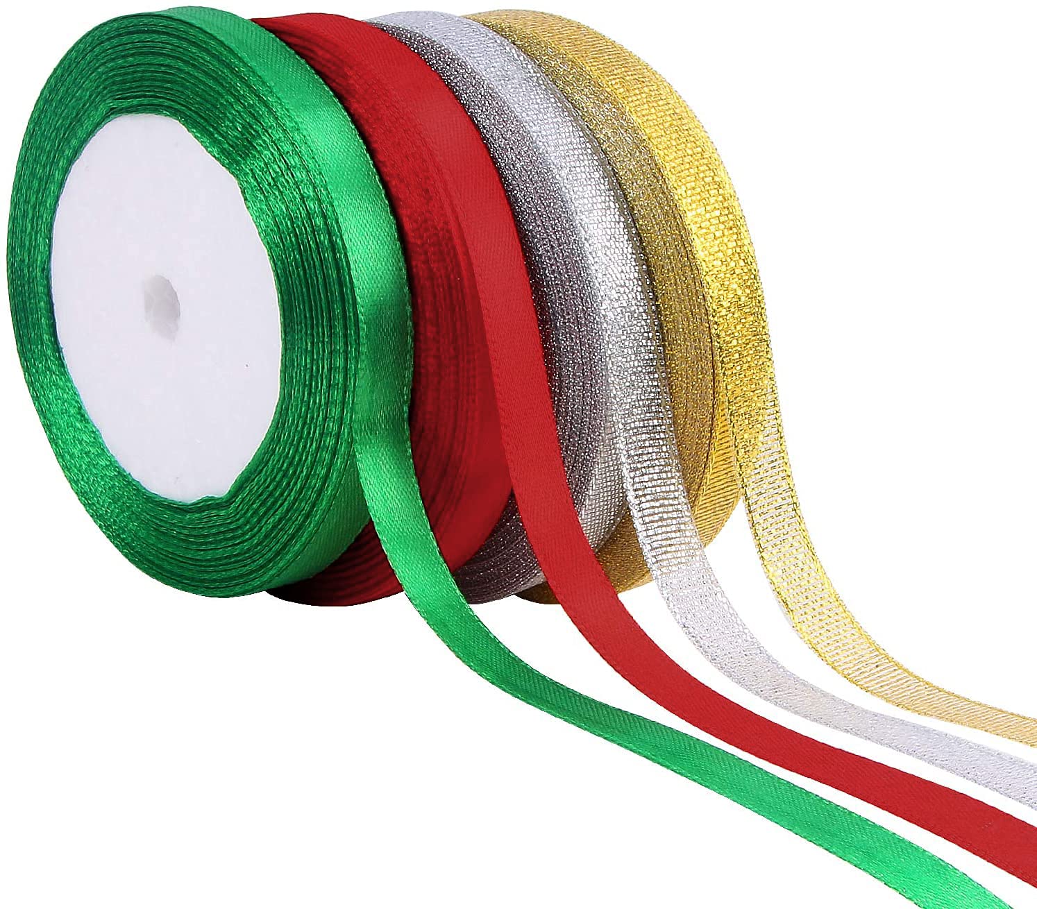 4 Rolls Christmas Satin Ribbon Set, 10mm x 22 Metres, Gold, Red, Green, Silver for Organza, Packing, Wedding, Valentine, DIY Crafts, Xmas