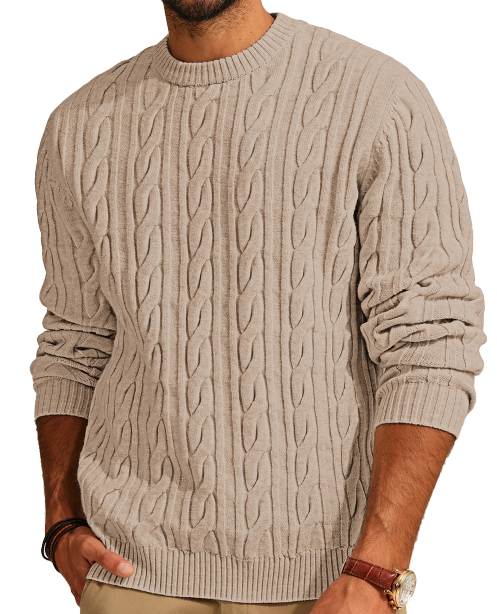 PJ PAUL JONES Cable Knit Sweater Men Crewneck Casual Knitted Pullovers Textured Beige S Image