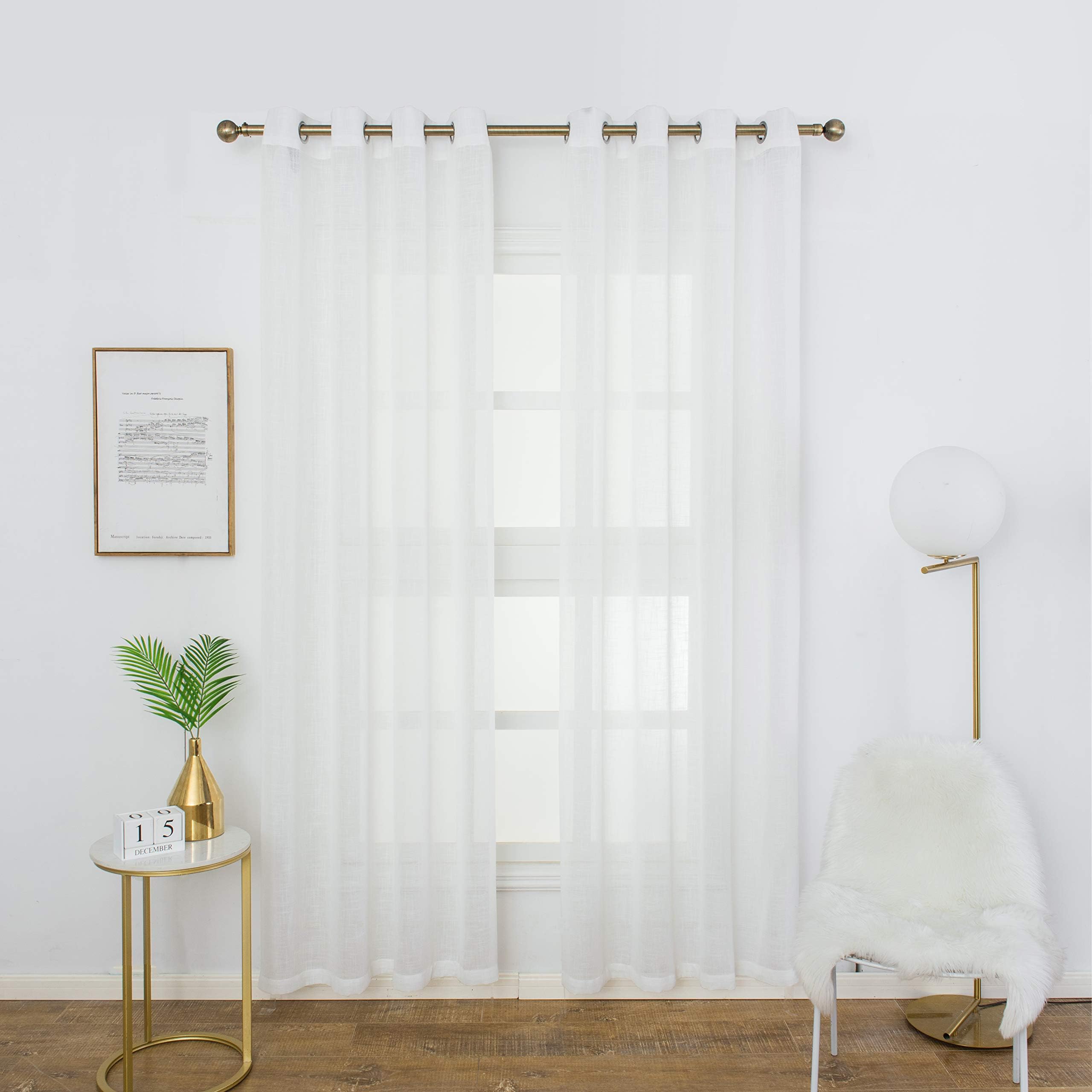 Aquazolax Grommet Semi Sheer Curtains Short White Voile Window Treatment Balcony Bedroom Linen Blended Curtain Panels, Set of 2, W52 x L63 inch