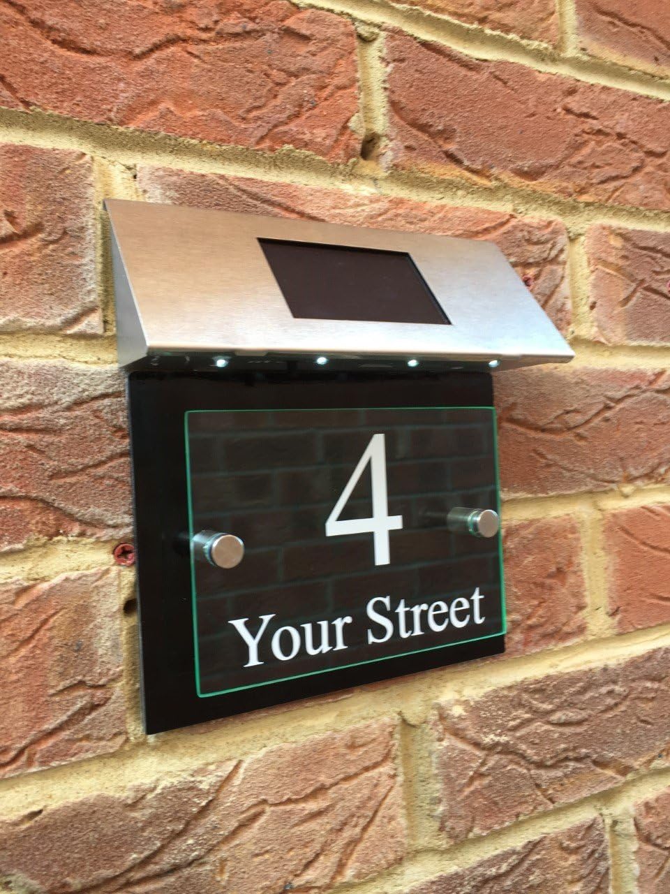 HOUSE SIGN PLAQUE GLASS ACRYLIC GLOSS BLACK MODERN LED SOLAR LIGHT