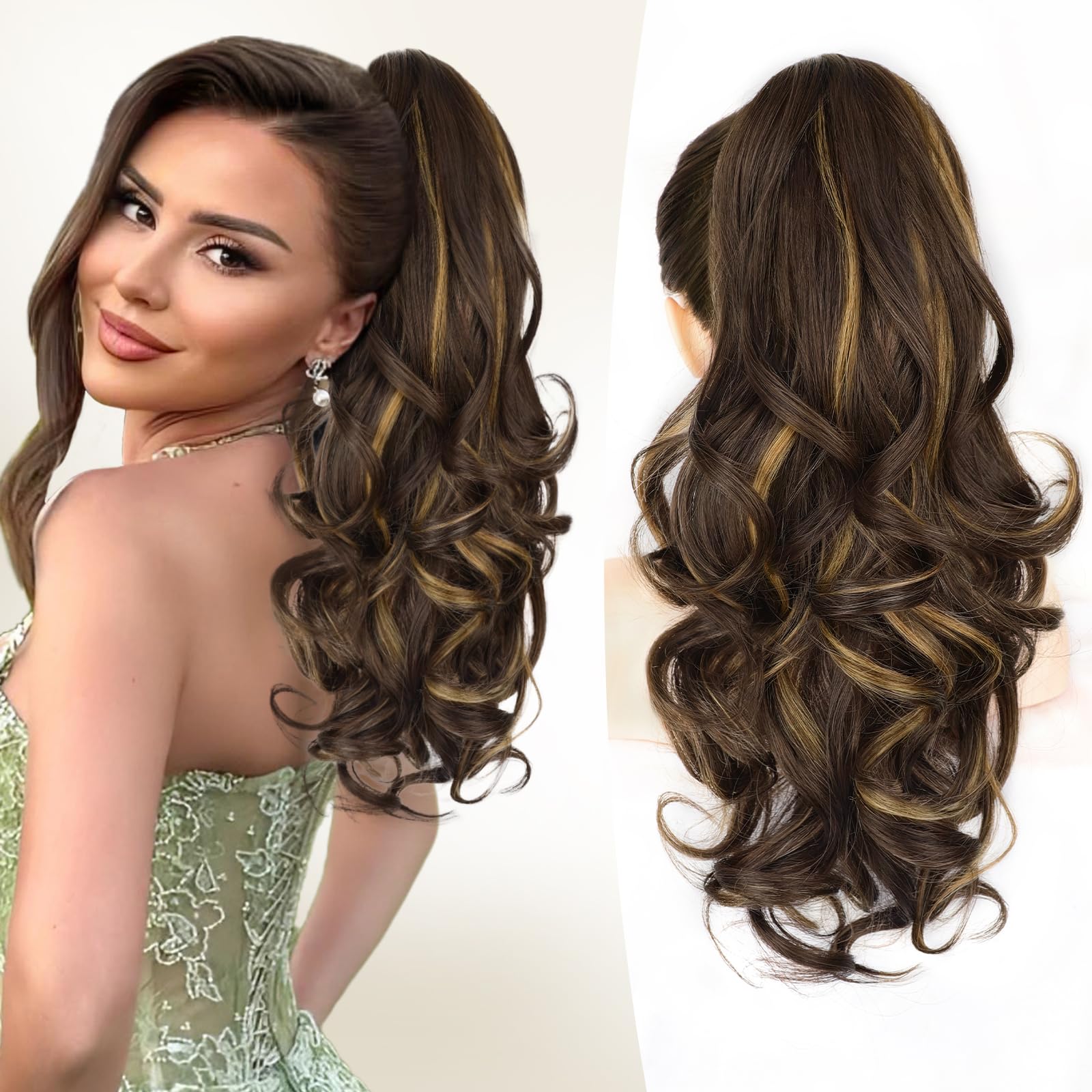 Photo 1 of ALXNAN Ponytail Extension,18 Inch Claw Clip in Long Curly Wavy Dark Brown with Golden Blonde Ponytail Hair Extension Jaw Clip on Pony Tails Hairpiece for Women