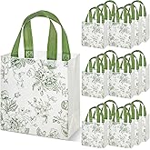 Sweetude 16 Pcs Sage Green Floral Gift Bags Floral Gift Bag with Handles Flower Party Favors Non Woven Reusable Tote for Women Wedding Birthday Baby Shower Mothers Day Party Decorations