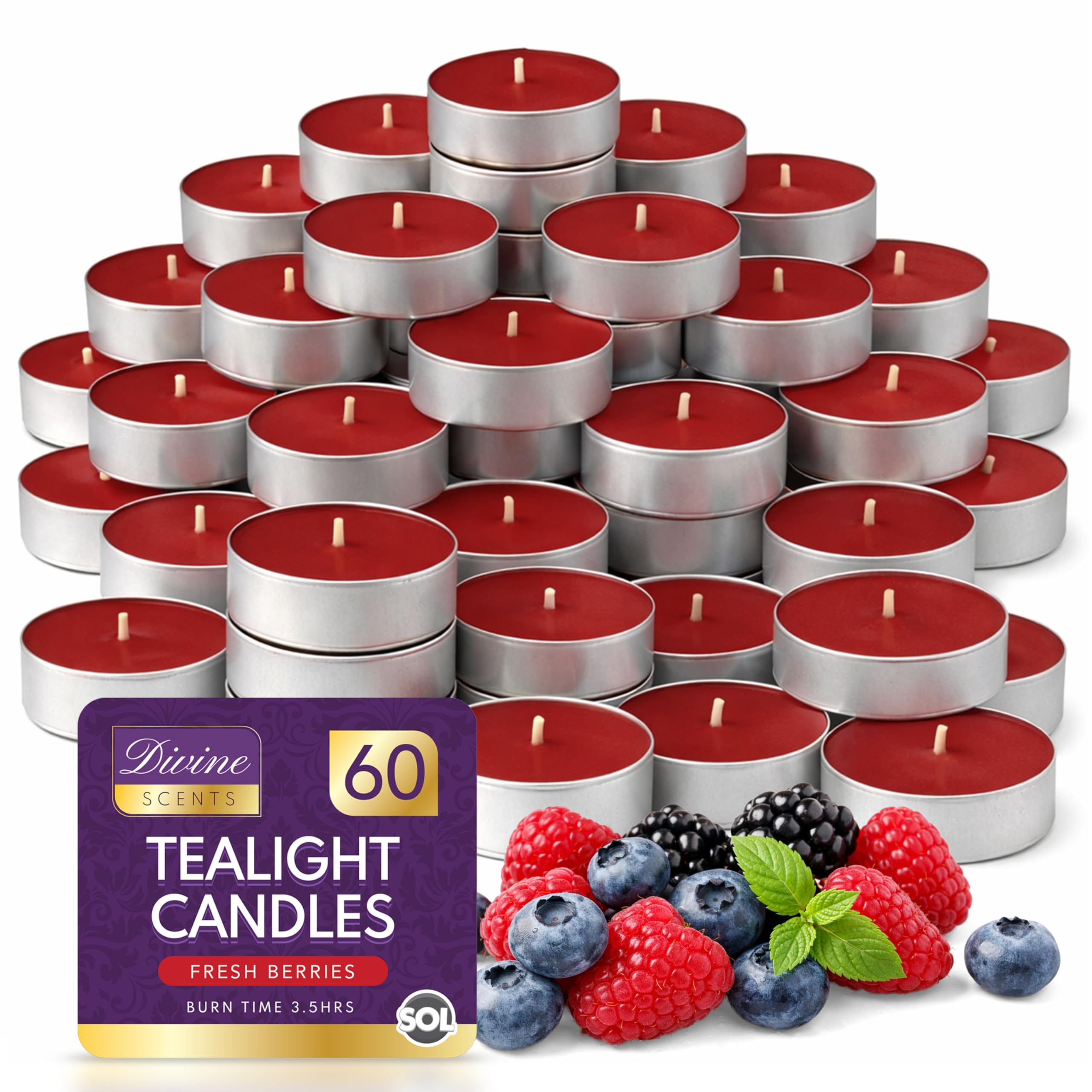 SOL 60pk Fresh Berries Scented Tea Light Candles Long Burning – 3.5 Hour Burn Time, Ideal for Home, Relaxation, Spa, Massage, Romantic Dinners, Weddings & Anniversaries, Festive Decor & Cosy Evenings