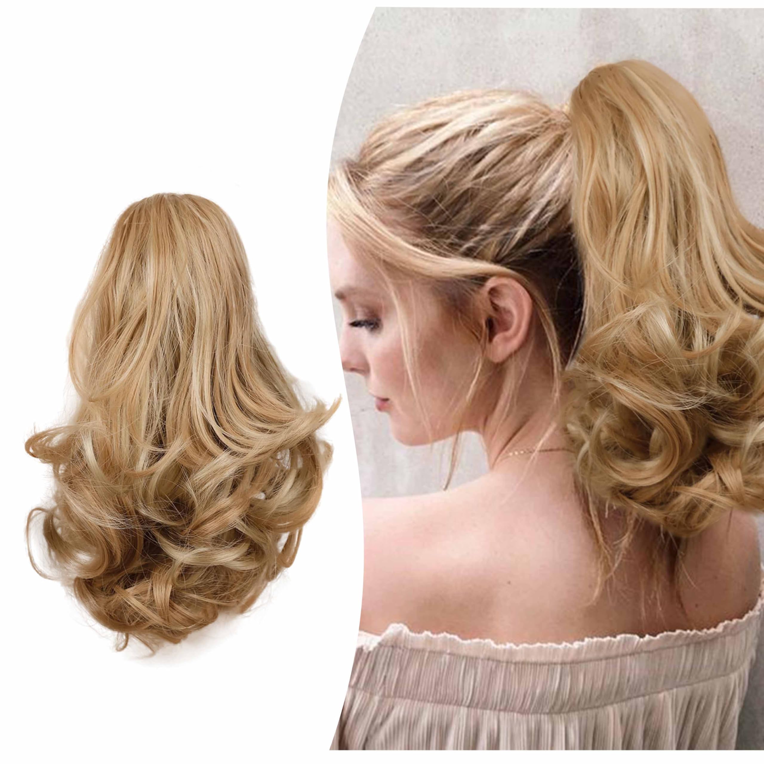 Gairyan 10" Clip in Ponytail Hair Extensions Curly Ponytail Extension Claw on Pony tails Wavy Synthetic Hairpieces for Women Real Natural Short Wave, Sandy Blonde & Natural Blonde โ image 1