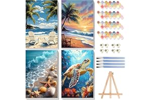 XACKCME 4 Pack Paint by Numbers for Adults with Framed Canvas - with Wooden Easel, Beach Paint by Number on Canvas, DIY Sea Turtle Acrylic Oil Painting Kits with Brushes for Home Wall Decor (8x12 inch)