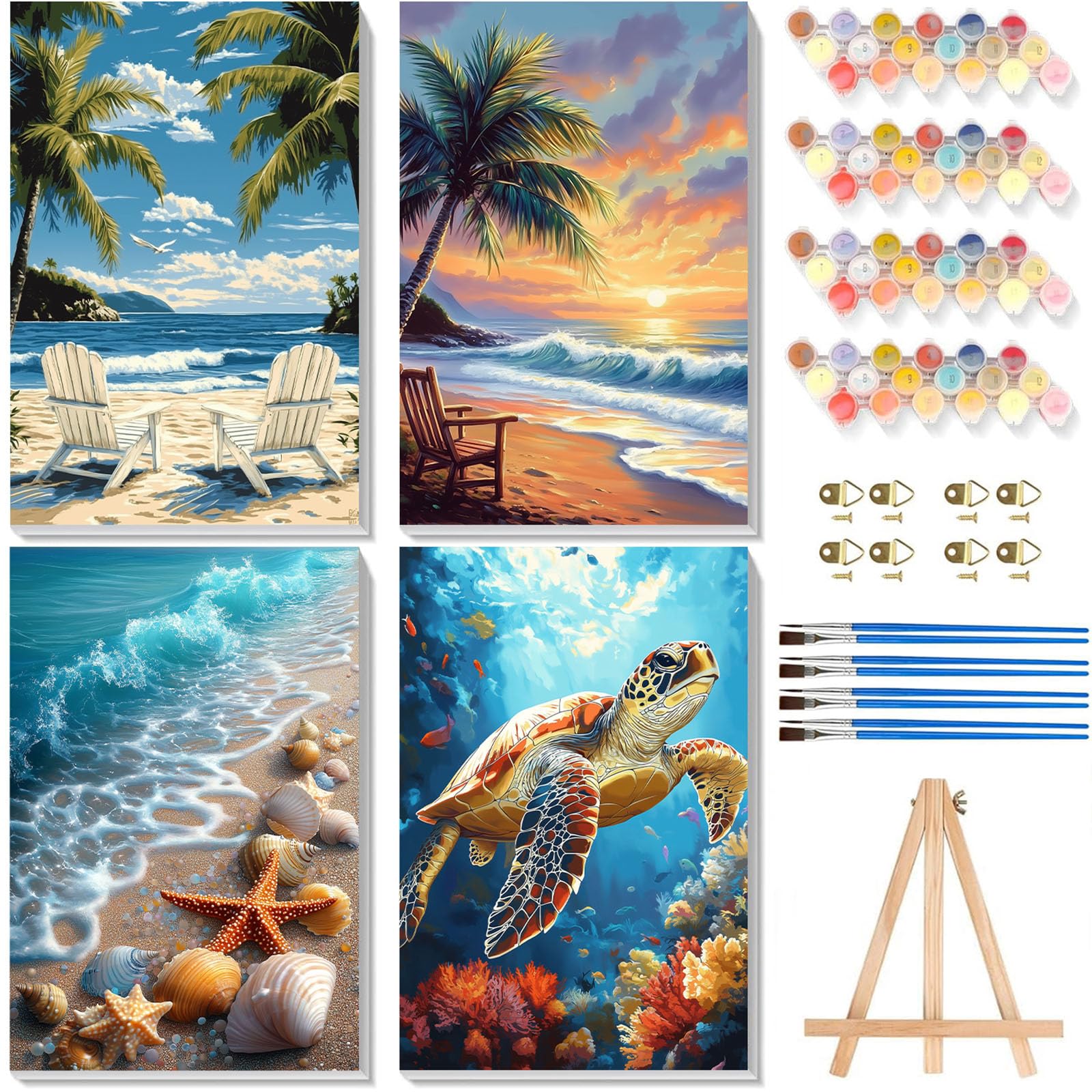 Photo 1 of ***3PIECES**4 Pack Paint by Numbers for Adults with Framed Canvas - with Wooden Easel, Beach Paint by Number on Canvas, DIY Sea Turtle Acrylic Oil Painting Kits with Brushes for Home Wall Decor (8x12 inch)