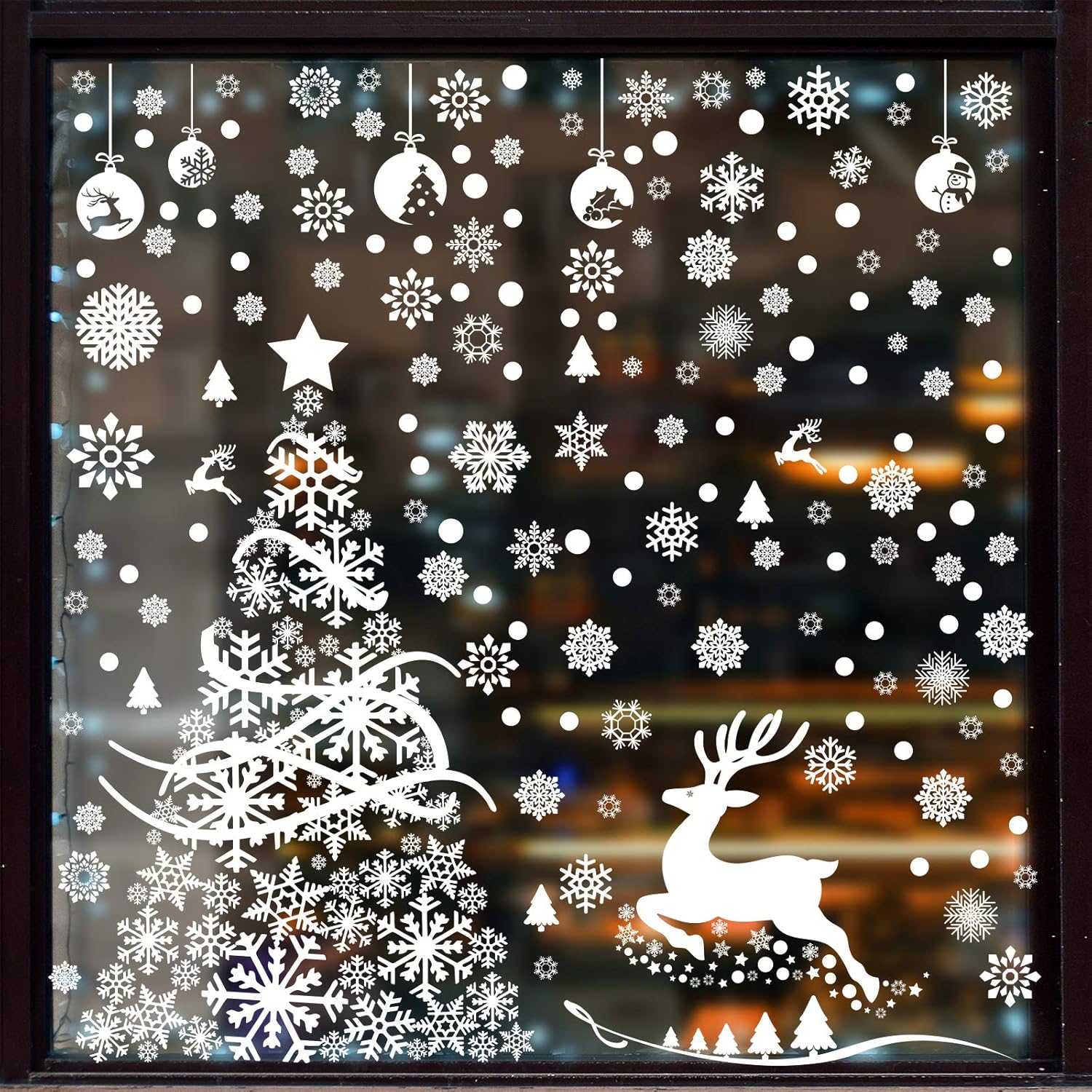 Aneco 270 Pieces Large Christmas Tree Window Clings White Reindeer Snowflake Xmas Window Decorations Stickers Reusable Christmas Window Door Decals for Christmas Window Display