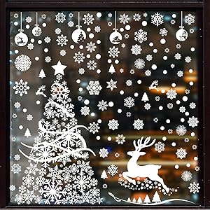 Aneco 270 Pieces Large Christmas Tree Window Clings White Reindeer Snowflake Xmas Window Decorations Stickers Reusable Christmas Window Door Decals for Christmas Window Display