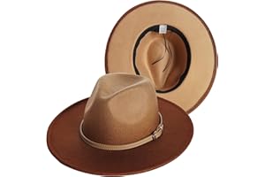 UTOWO Two-Color-Gradient-Ombre Felt-Fedora-Panama-Hats for Women Men, Two-Tone Tie-Dye Wide-Brim Fedora-Hat with Belt Buckle