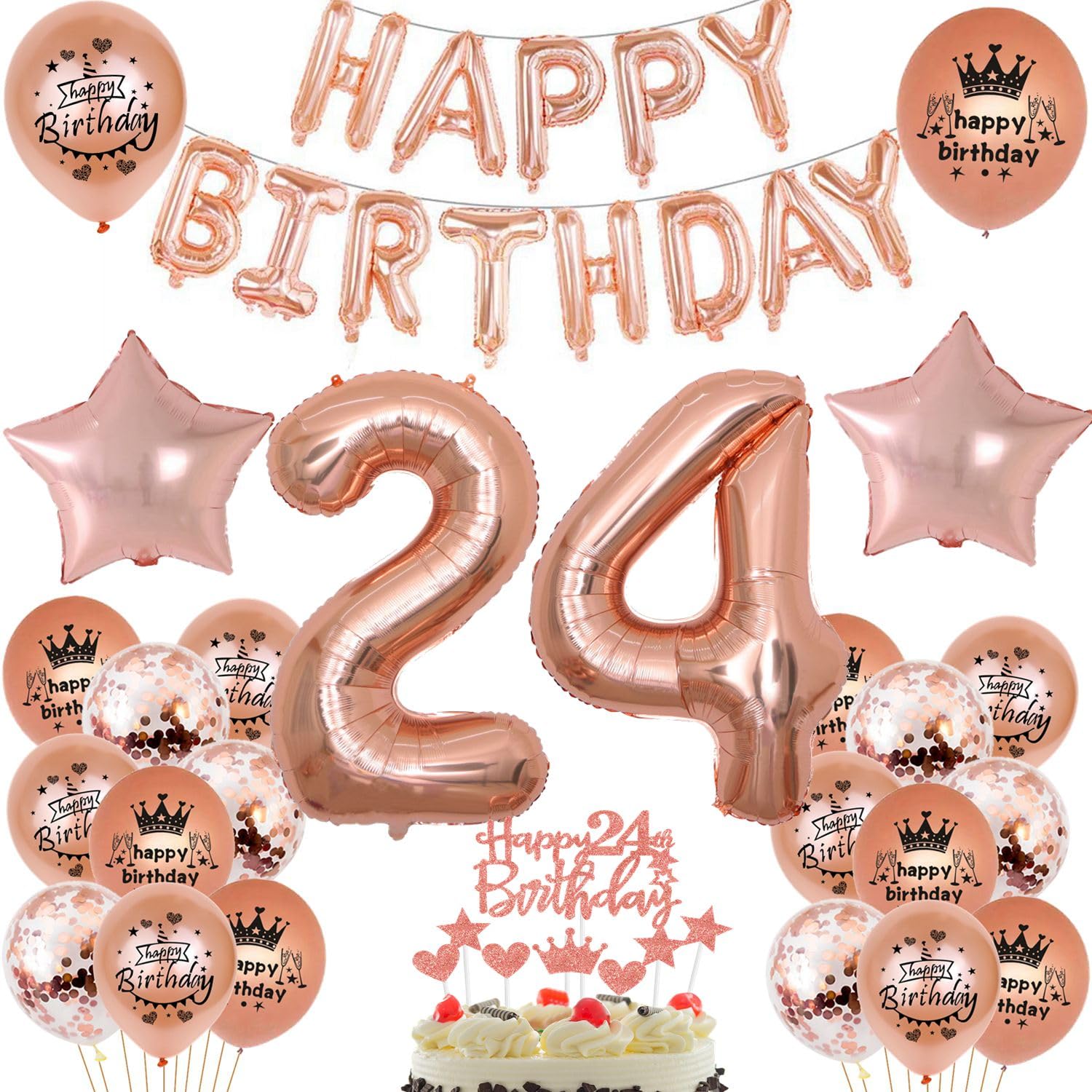 Balloon 24th Birthday Woman Rose Gold Decoration Foil Balloon 24 Years Birthday Decoration Woman Rose Gold Set Happy Birthday 24th Birthday Decoration Woman Balloon 24 Years Birthday Decoration Women
