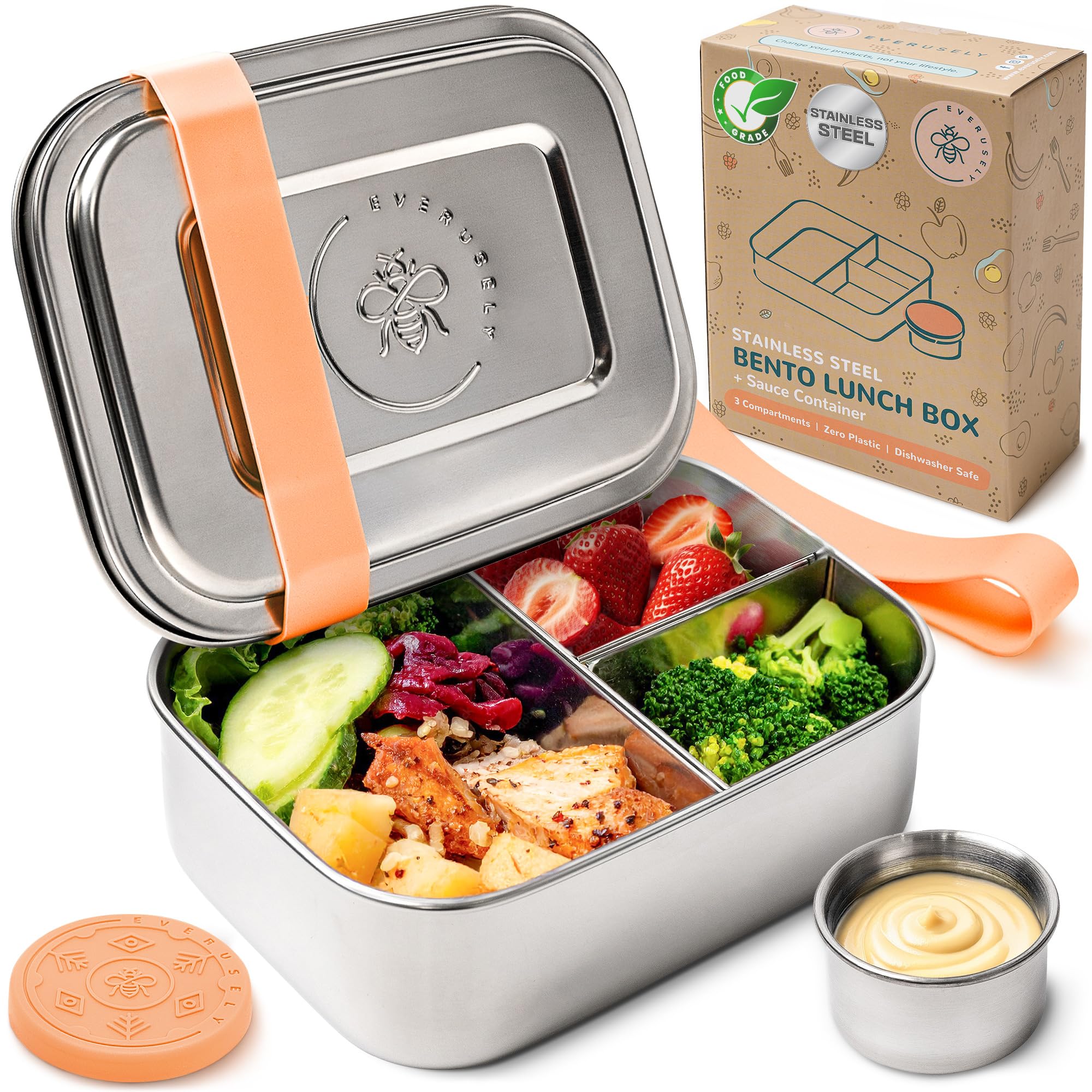 Photo 1 of *** DIFFERENT MODEL *** Everusely - Bento Box - Orange, 27oz / 0.8 L - Stainless Steel Lunch Box with Leakproof Condiment Container - 3 Compartment Snack Organizer for On the Go Meals - Freezer & Dishwasher Safe