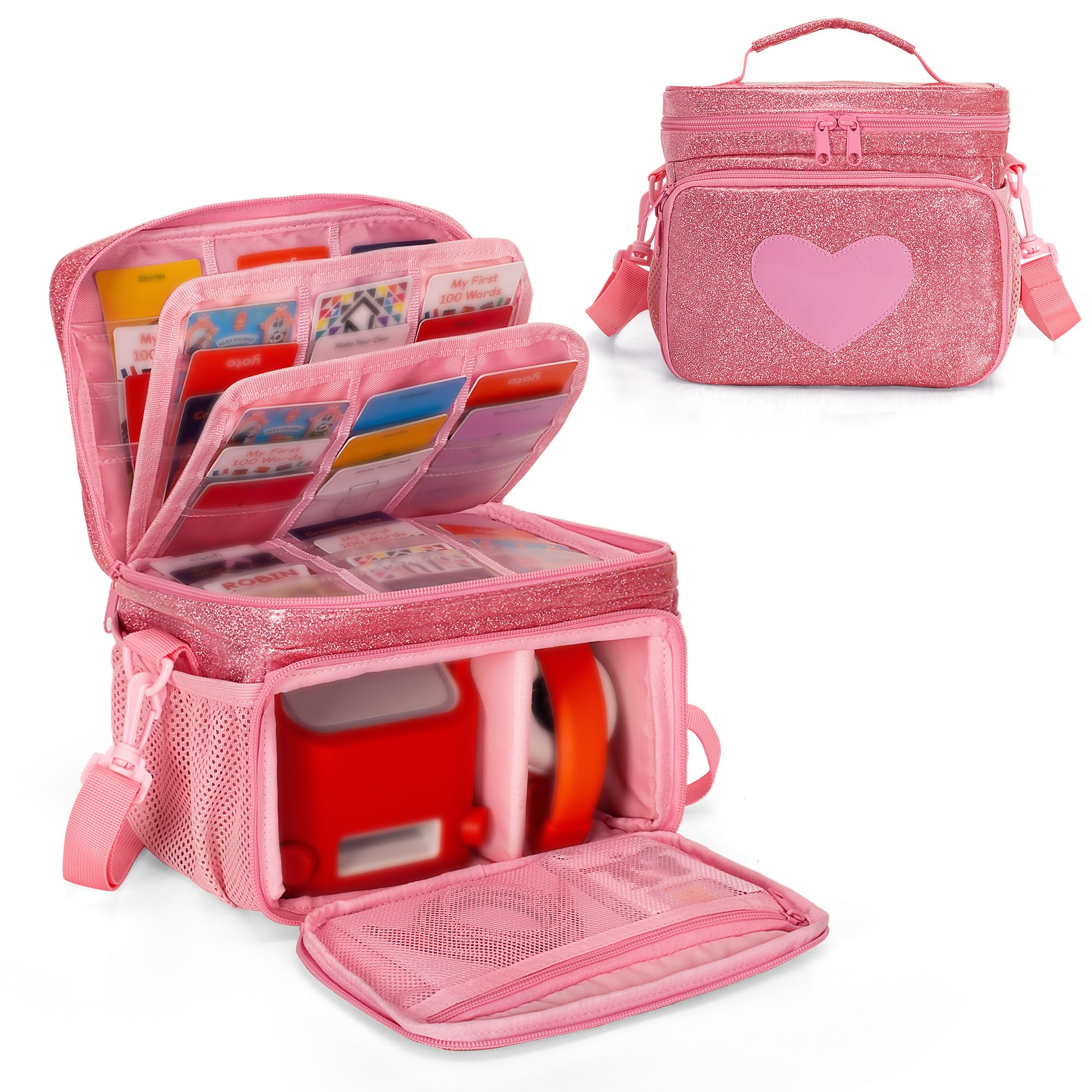 LoDrid Travel Carrying Case Compatible with Yoto Player Bluetooth Speaker, Audio Card Holder Holds up to 54 Cards with Shoulder Strap, Pink, Bag Only