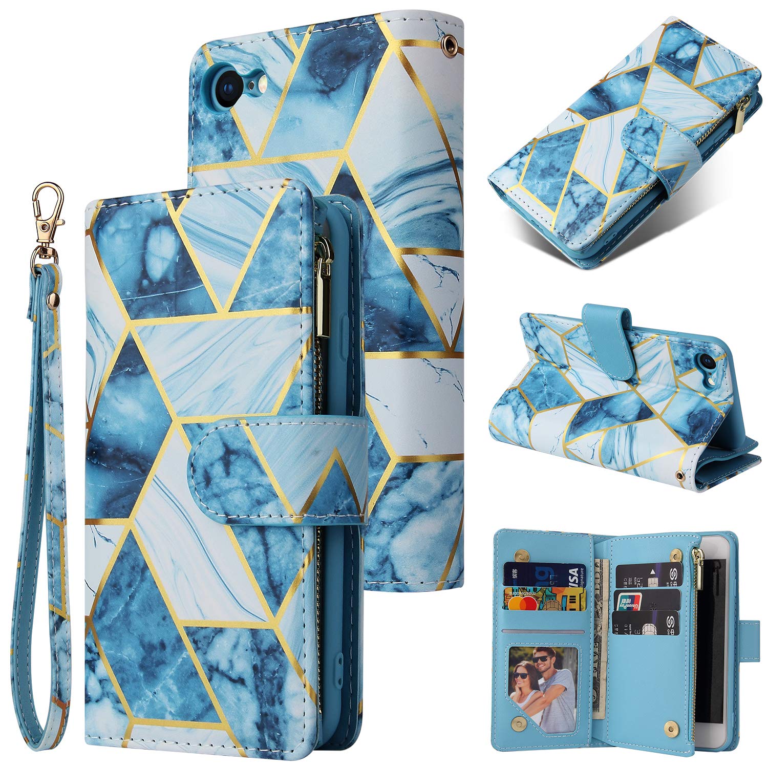 UEEBAI Wallet Case for iPhone 12 iPhone 12 Pro 6.1 inch, Premium PU Leather Magnetic Closure Geometric Marble Pattern Handbag Zipper Pocket Case Kickstand Card Slots Shockproof Flip Cover - Blue#2 — image 1