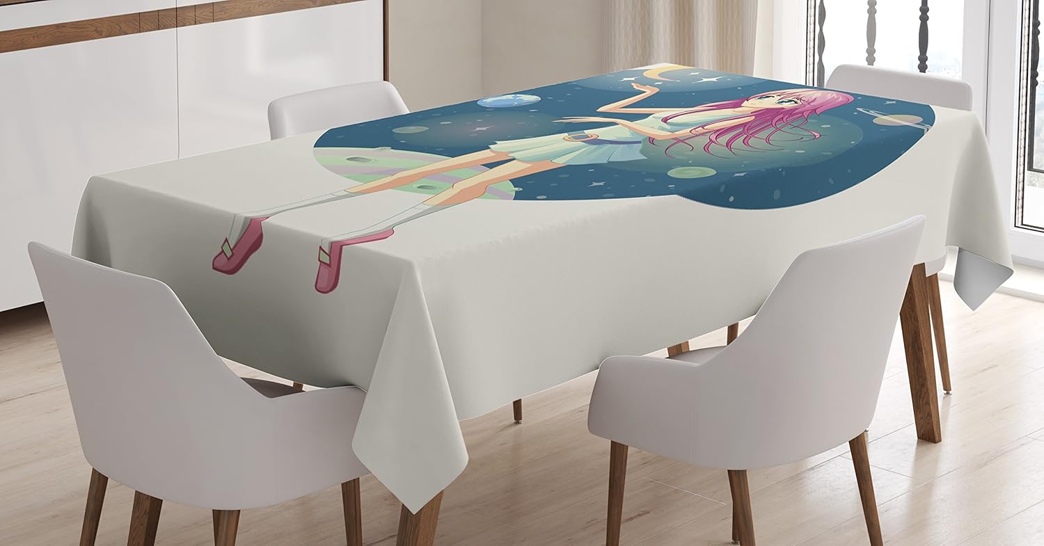 Amazon Com Ambesonne Anime Tablecloth Illustration Of A Girl Against Background Of Space With Stars And Moon Near Her Hand Dining Room Kitchen Rectangular Table Cover 52 X 70 Multicolor Home Kitchen