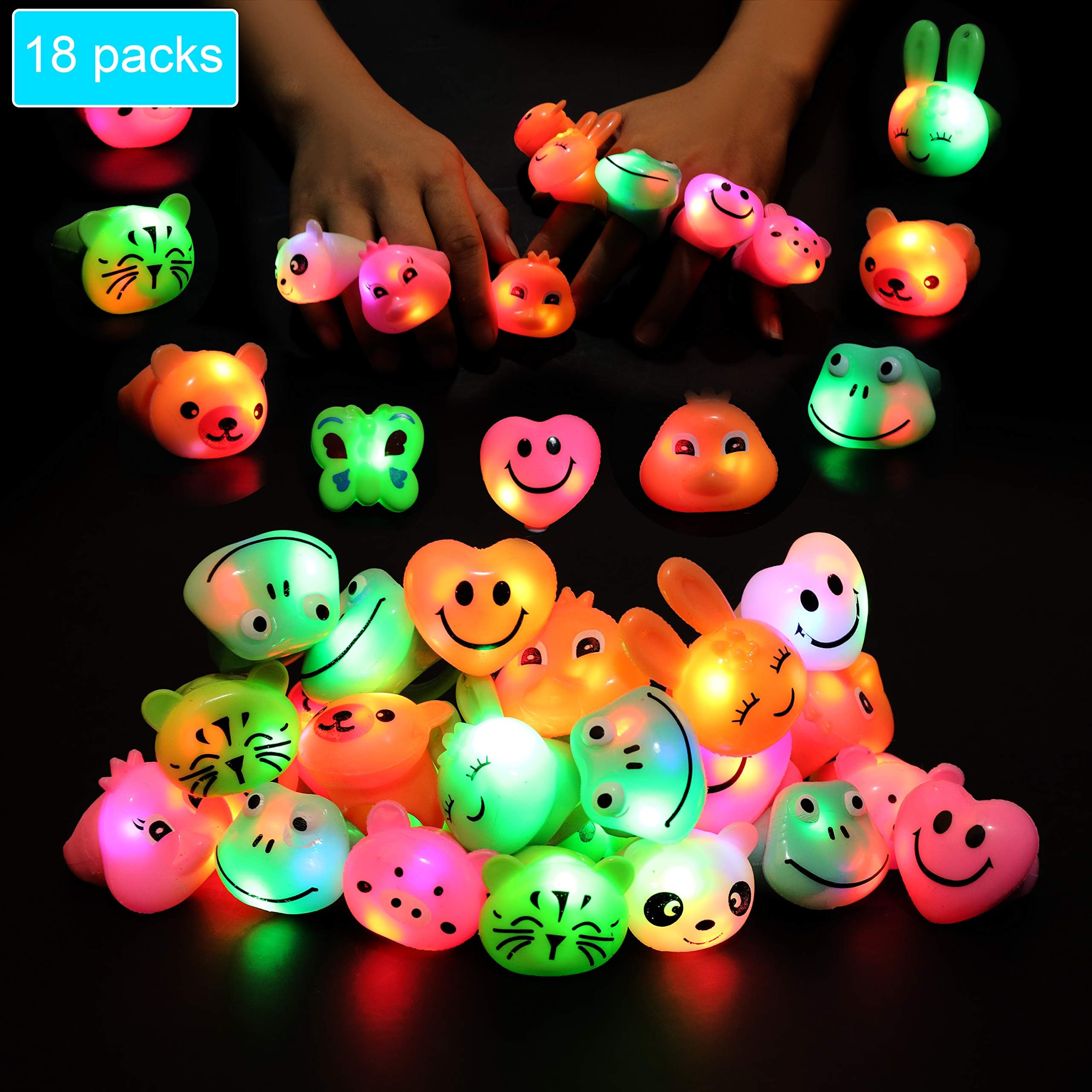 HUANDATONG Birthday Party Favors for Kids Prizes Flashing 18 Pack LED Jelly Light Up Rings Toys Bulk Boys Girls Gift Blinky Glow in The Dark Party Supplies Party Supplies for Boys Girls Adult