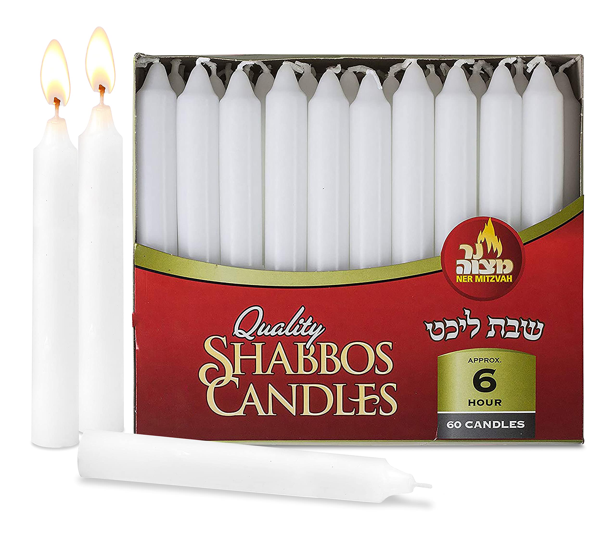 Ner Mitzvah Classic White Taper Candles – 18 cm Candles - 60 Bulk Pack - for Shabbat Candles, Dinner Tables, Restaurants, Ceremonies and Emergency - 6 Hour Burn Time