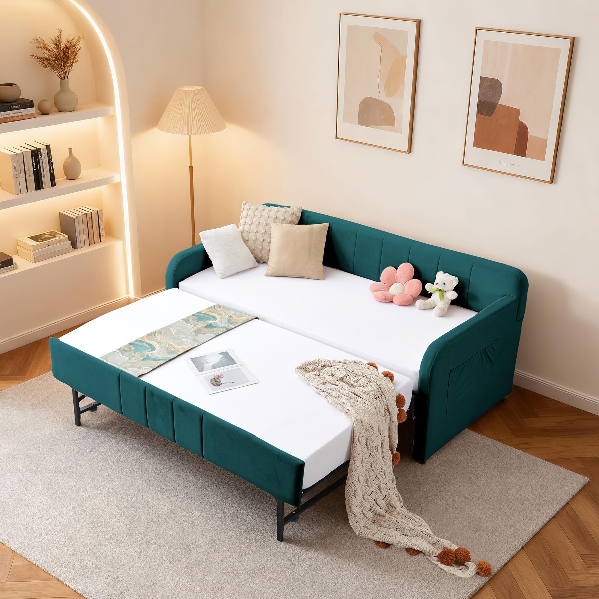 Photo 1 of *** PARTIAL SET *** DNYN Twin Size Velvet Daybed Frame with Pop-up Trundle Bed for Bedroom Guest/Living Room, Space-Saving Upholstered Sofabed with USB Port & Side Pocket, No Box Spring Needed