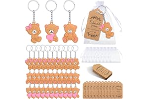 Rtteri 120 Pcs Bear Baby Shower Favors Bear Party Favors, Cute Keychain with Organza Bags Thank You Kraft Tags and Rope for Guests Girls Boys Birthday Party Supplies Decorations (Pink, Cute)