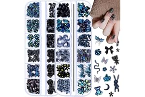 editTime 2 boxes 3D Mixed Nail Art Charms Kit, Big Resin Camellia Rose Mini Flower Butterfly Bow Moon Heart Star Bear Snake Crown Rabbit Nail Charm with Metal Nail Chain (Black)