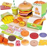 Pretend Play Food Set Montessori Toys for 3 4 5 Year Old, Wooden Fast Food Play Kitchen with Hamburger, Fries, Egg Tart, Popc