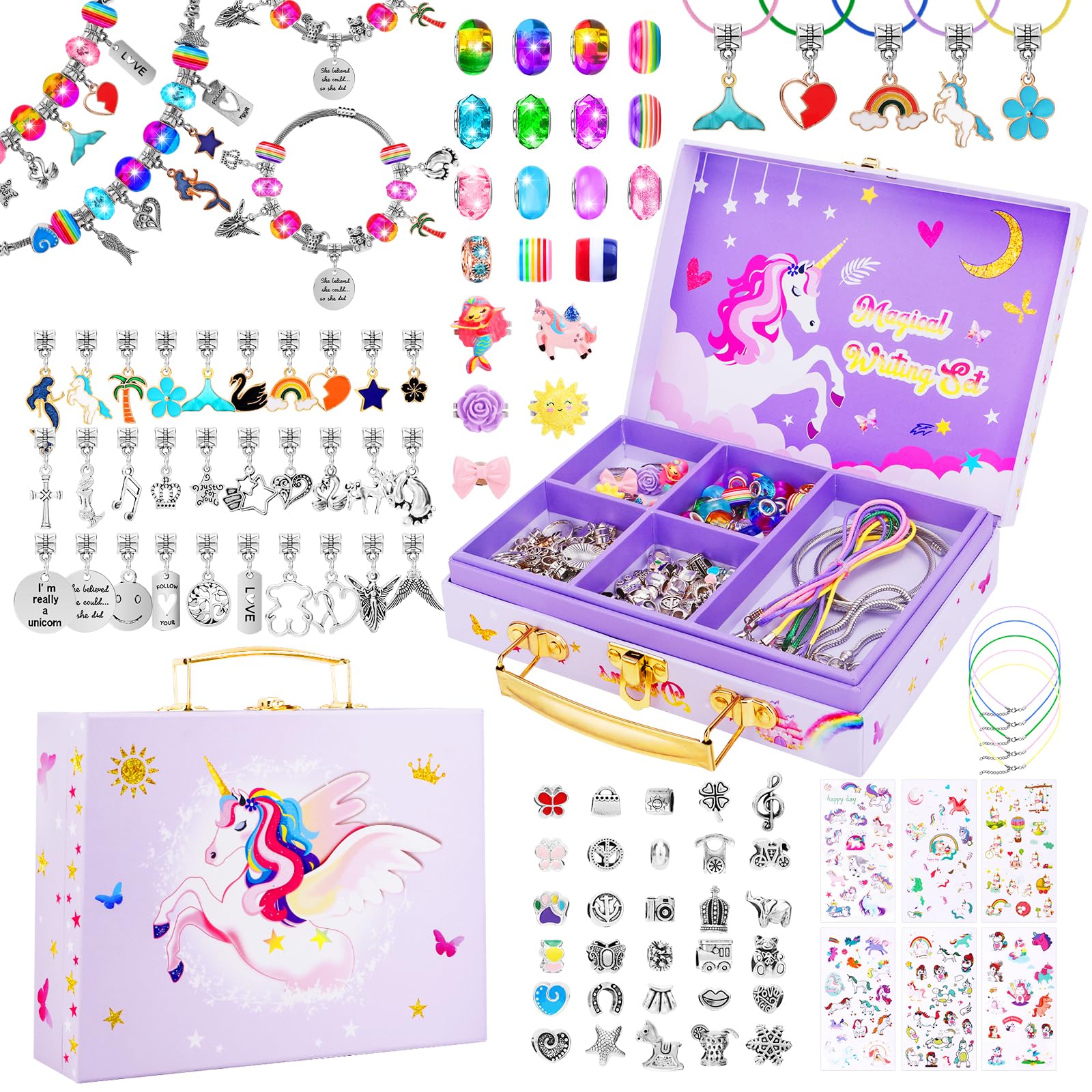 TCJJ DIY Charm Bracelet Making Kit for Girl with Unicorn Storage Box, Girls Jewellery Making kit Include Beads, Necklace, Ring, Christmas Birthday Unicorn Gifts Toy for Girls 4-12
