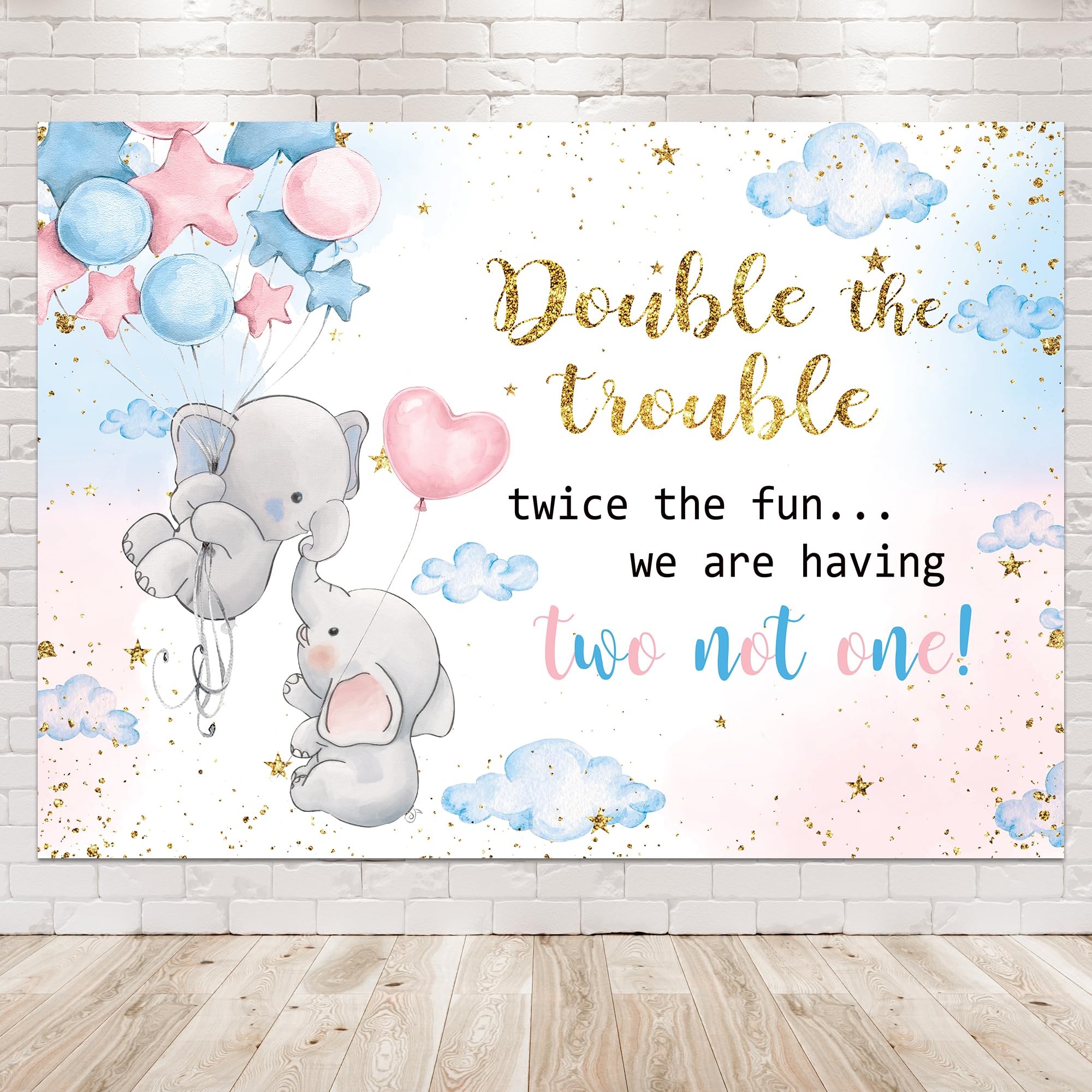 Photo 1 of Newsely Double The Trouble Twice The Fun Twins Baby Shower Decorations Backdrop 7Wx5H Photography Elephant Gender Reveal Blue Pink Background Boys Girls Party Banner Photo Booth Props Supplies