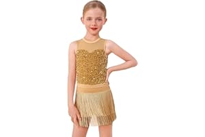 IWEMEK 2PCS Latin Jazz Hip Hop Dance Outfits for Girls Sequin Velvet Fringe Bodysuit Tassel Skirt Ballroom Dress Dancewear