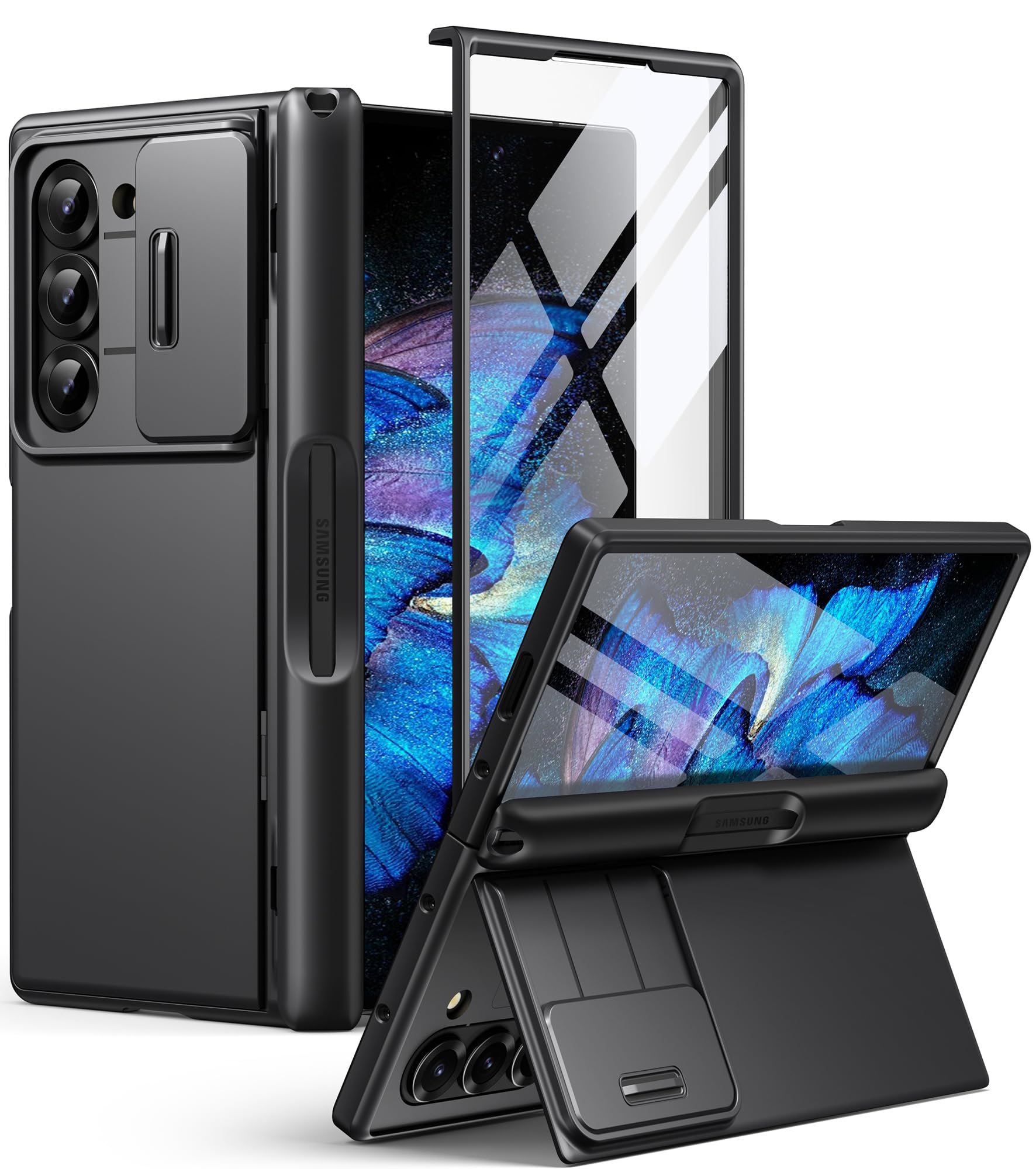Photo 1 of BERFY for Z Fold 7 Case with 9H Tempered Screen Protector, Military Grade Hidden Kickstand & Slide Camera Cover, Full Body Shockproof Slim Hard Phone Case for Samsung Galaxy Z Fold 7, Black