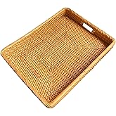 i-lan 17Inch Large Rectangle Rattan Serving Tray with Handles-Natural Wicker Breakfast Coffee Drinks Serving Platter,Kitchen Tabletop Decorative Serving Tray for Fruit,Vegetables and Snacks