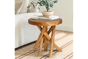 JOLLYMER 11.8" Round Teak Wood Plant Stand | Teak Stool with Stick Leg | Accent Side Table for Living Room, Bedroom, Yard, 11.8" Tall