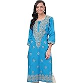 Ada Hand Embroidered Indian Chikankari Cotton Kurti Kurta Tunic Kameez for Women A214156 (XS, Blue)