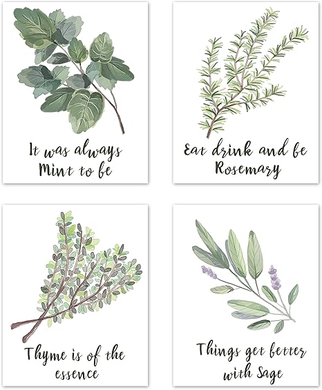 Amazon Com Wall Art Home Funny Inspirational Puns Prints Signs Room Decor For Kitchen And Dining Decorations Botanical Vegetable Herbs Spices Plant Garden Set Of 4 Unframed 8 X 10 Inches