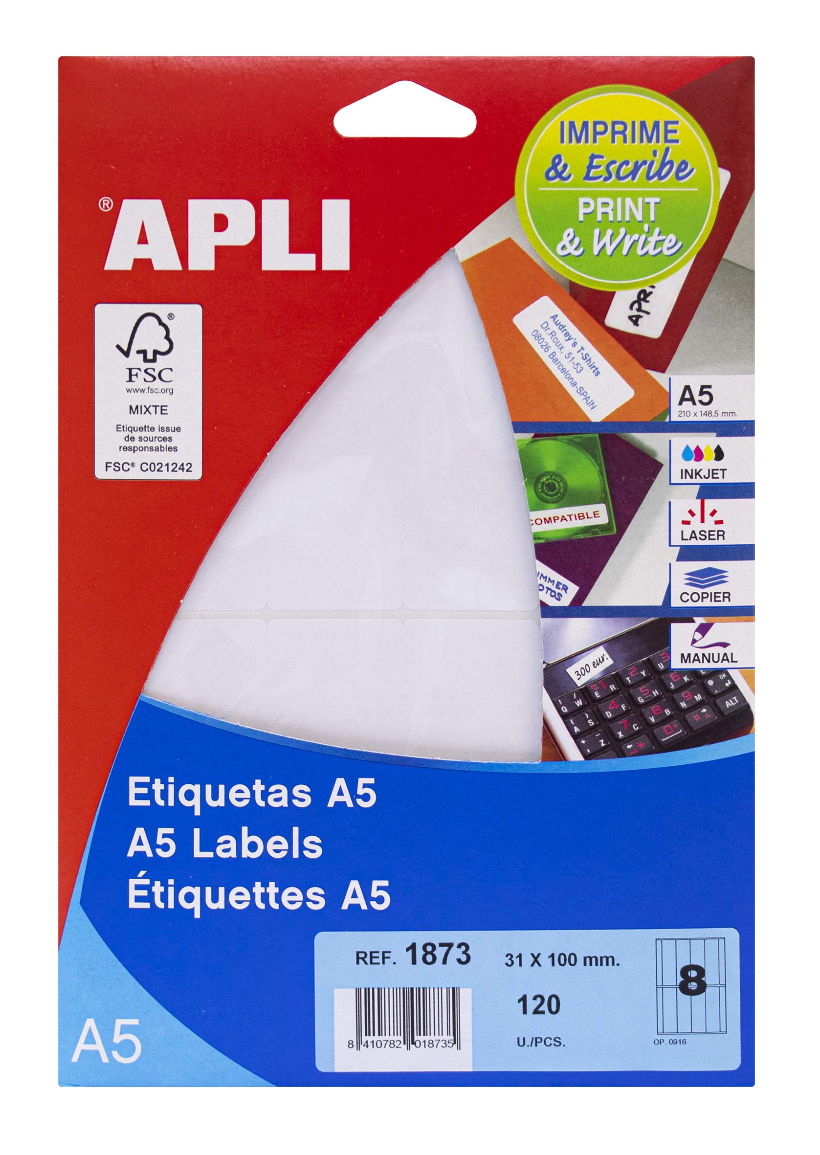 APLI 71y18 White Printable Labels 31 x 100 mm White