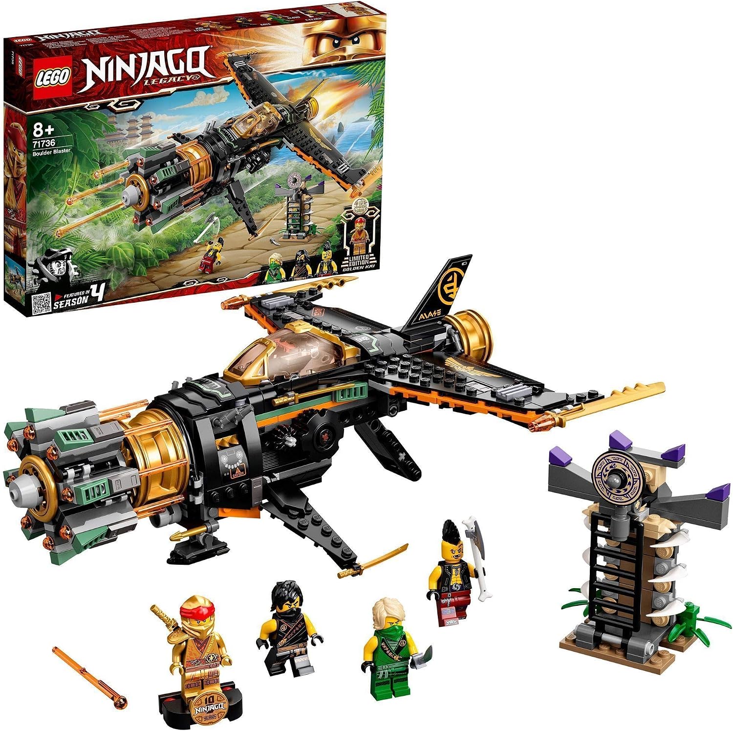 LEGO 71736 NINJAGO Legacy Boulder Blaster Aeroplane Toy with Prison and Collectible Gold Ninja Kai Figure, Gifts for Boys & Girls