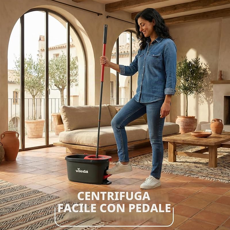 Turbo Sistema Lavapavimenti con strizzatore a pedale, Manico telescopico 65 – 131 cm, Mocio lavapavimenti con strizzatore a pedale, Fiocco in microfibra, Pulizia profonda con minimo sforzo