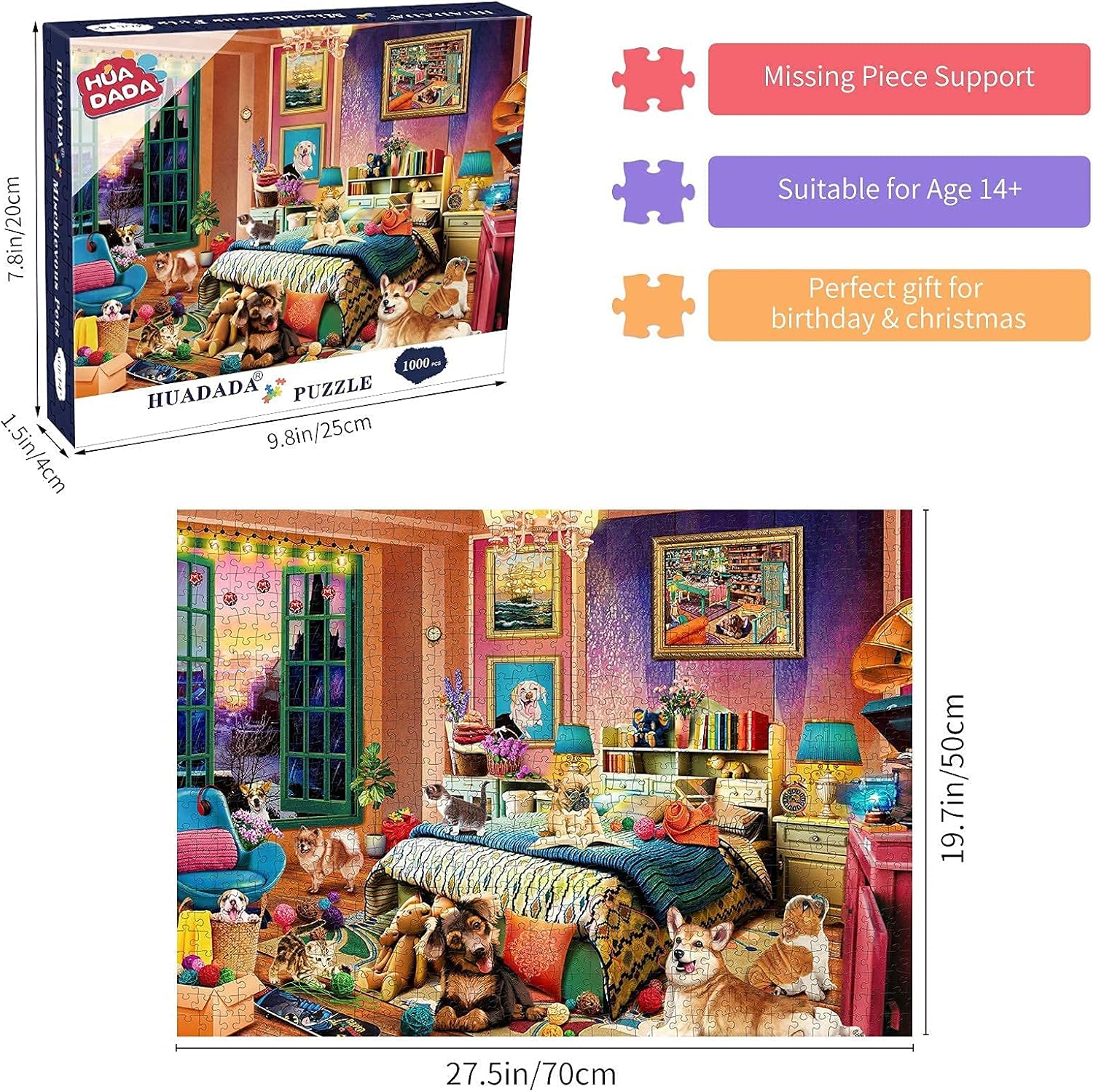 HUADADA Jigsaw Puzzles 1000 Pieces - Mischievous Pets - Puzzles 1000 Piece Family Games Puzzles for Adults 1000 Piece Funny Challenging Cute Cat Dog Puzzle (27.56" x 19.67"): Toys & Games