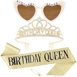 SuPoo Gold Birthday Sash Crown and Sunglasses Set Birthday Queen Headband | Rhinestone Tiara Birthday Queen Glasses Accessori