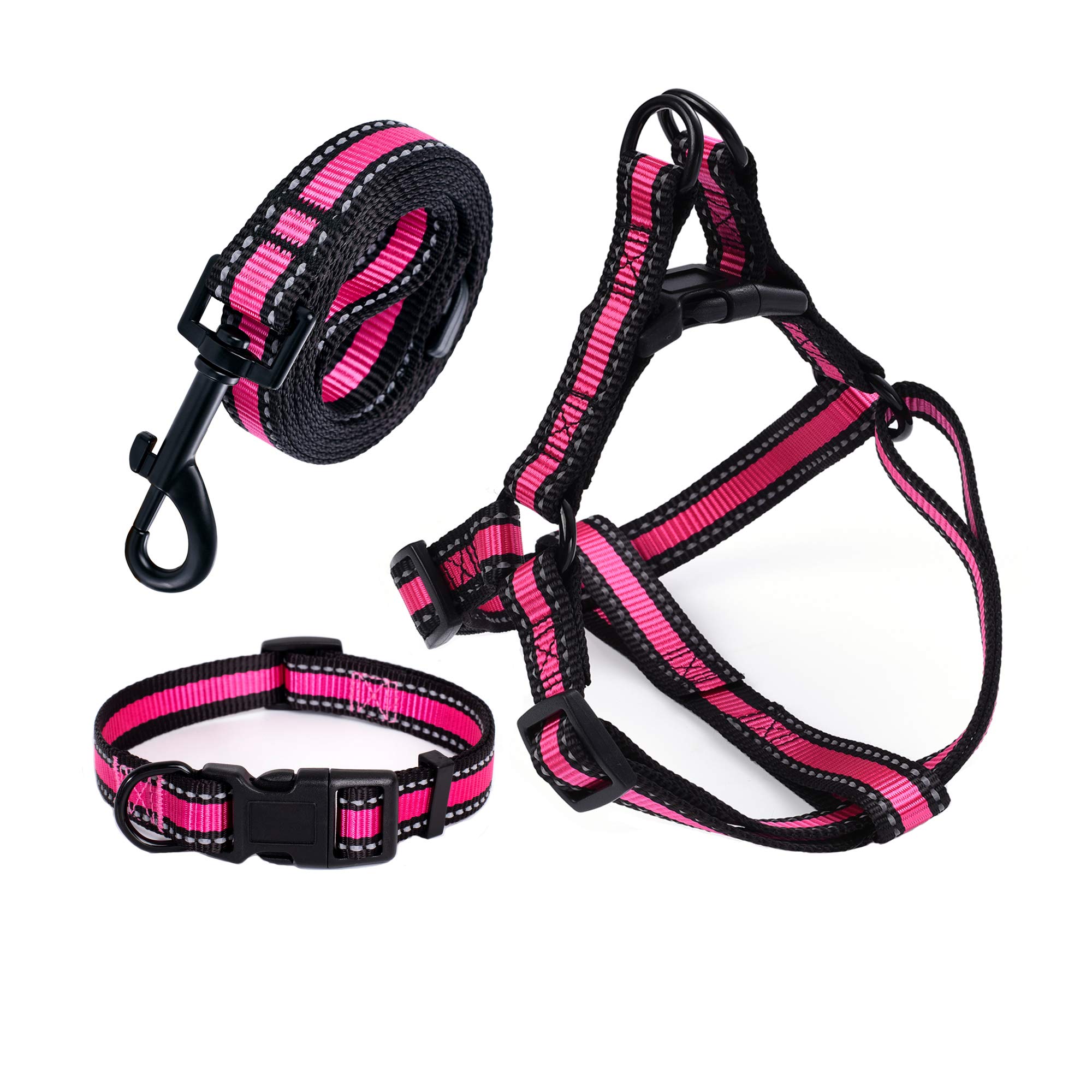 Mile High Life Night Reflective Double Adjustable Band Nylon Small Puppy Pet Dog Combo Collar Leash and Harness Set (Pink2, Small Neck 11"-15" -20 lb)