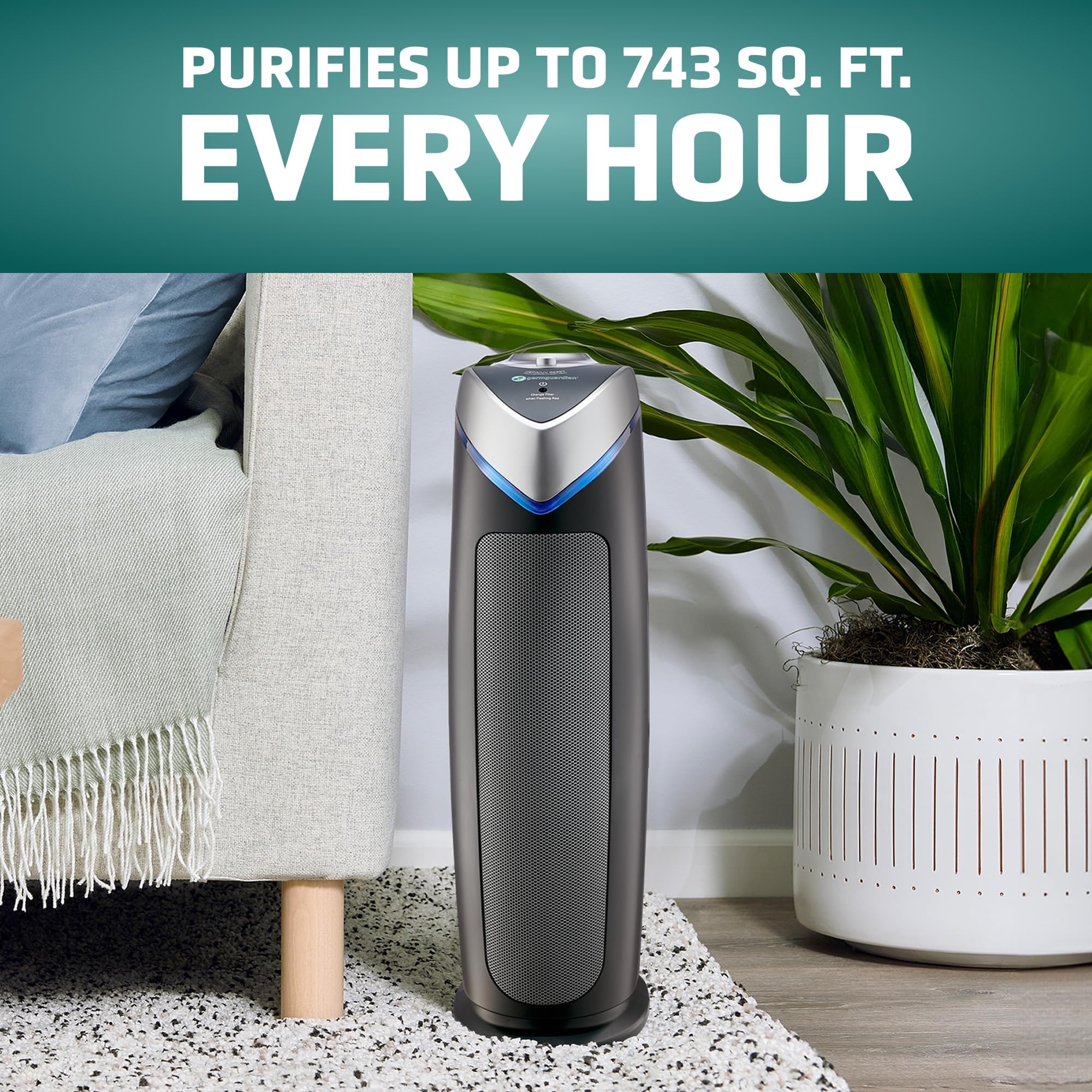 GermGuardian 4-In-1 HEPA Air Purifier for Home, Large Rooms Up To 743 Sq. Ft. with HEPA Air Filter, UV-C Light & Odor Reduction, AC4825E, 22