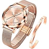 OLEVS Women's Rose Gold Watches Heart Diamond Japanese Quartz Movement Ladies Wristwatch Big Face Waterproof Mesh Belt Watch and Bracelet Set