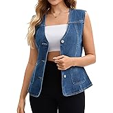 CIMUK Women's Casual Denim Vest V Neck Patch Pockets Button Down Sleeveless Jean Jacket