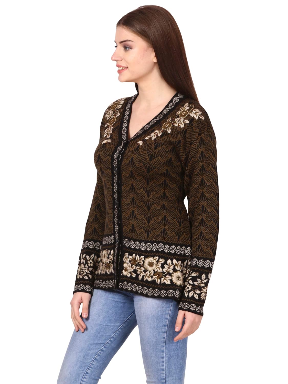 saadgi women's woollen printed warm knitted cardigan with beads detail work