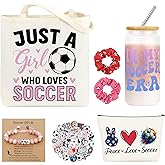 JoycuFF Soccer Gifts for Girls Soccer Stuff Accessories Gifts Sport Lovers Gift Include Glass Cup, Makeup Bag, Canvas Bag, Bracelet, Hair Scrunchies, Stickers for Team Player Birthday Gifts for Women