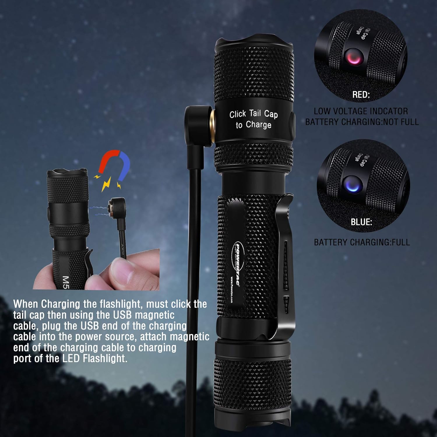 PowerTac M5 Tactical Flashlight, 1300 Lumens LED Flashlight, CREE XM-L2 U3 Flashlights High Lumens, Rechargeable Flashlight with USB Magnetic Charging Cable & 18650 Battery (Holster included) - - 