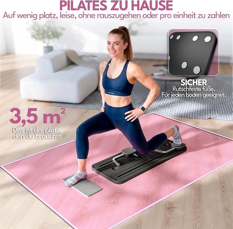 Klappbarer Pilates Reformer für Zuhause mit Zubehör & 10 Übungen – Pilates Board / Pilates Brett, Mini Pilates Reformer Gerät, Home Gym Pilates Reformer Maschine (SCHWARZ)