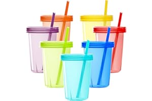 Youngever 7 Sets Plastic Kids Cups with Lids and Straws, 7 Reusable Toddler Cups with Straws in 7 Assorted Colors