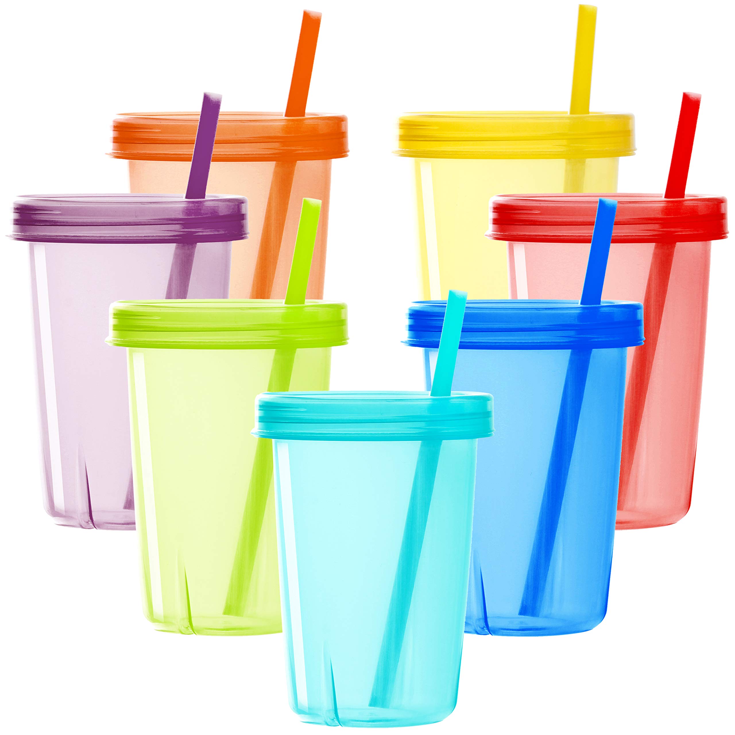 Youngever 7 Pack Plastic Kids Cups with Lids and Straws, 7 Re-usable Toddler Cups with Straws in 7 Assorted Colors