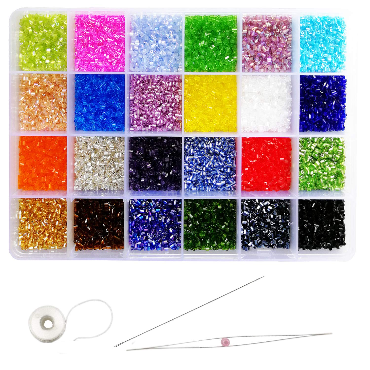 Tibaoffy Size 11/0 Crafts Glass Seed Beads 2mm Bugle Beads Beading Needles with Organizer Box for Jewelry Making (24 Assorted Multicolor Set, Total About 21600pcs)